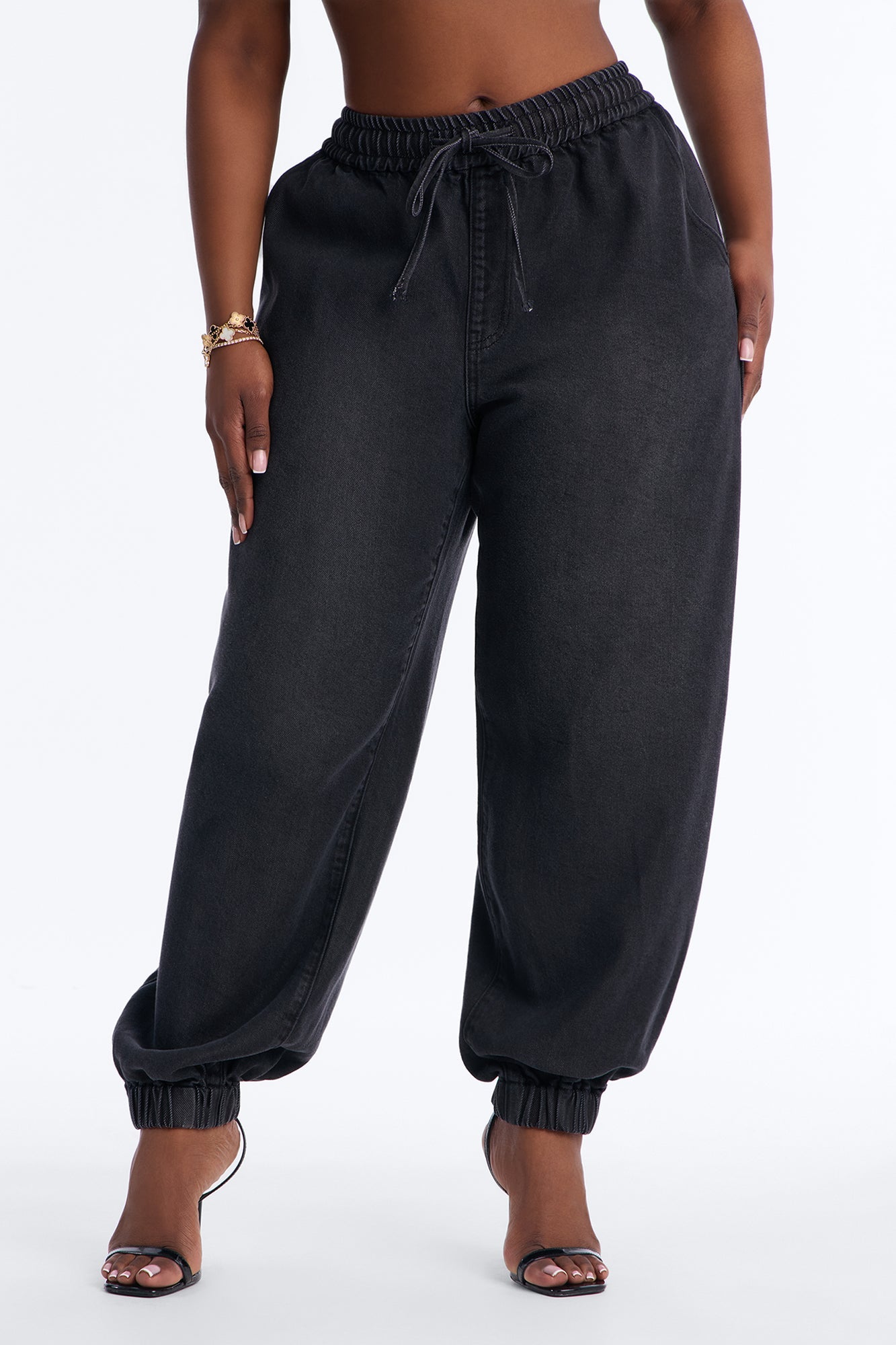 Esplanade Tie Waist Loose Drapey Jogger Jeans - Black Wash
