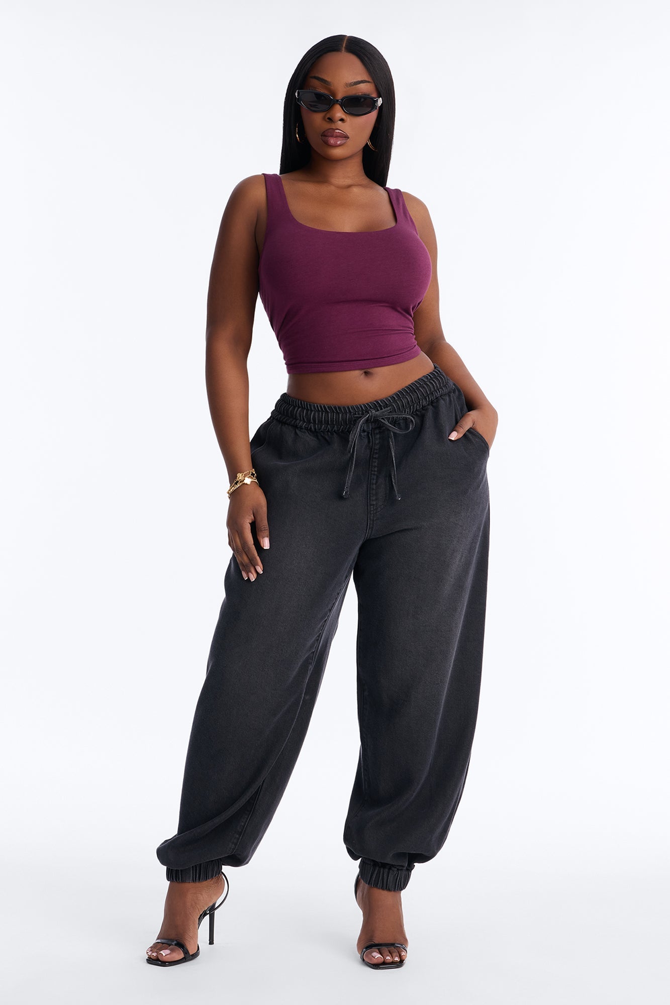 Esplanade Tie Waist Loose Drapey Jogger Jeans - Black Wash