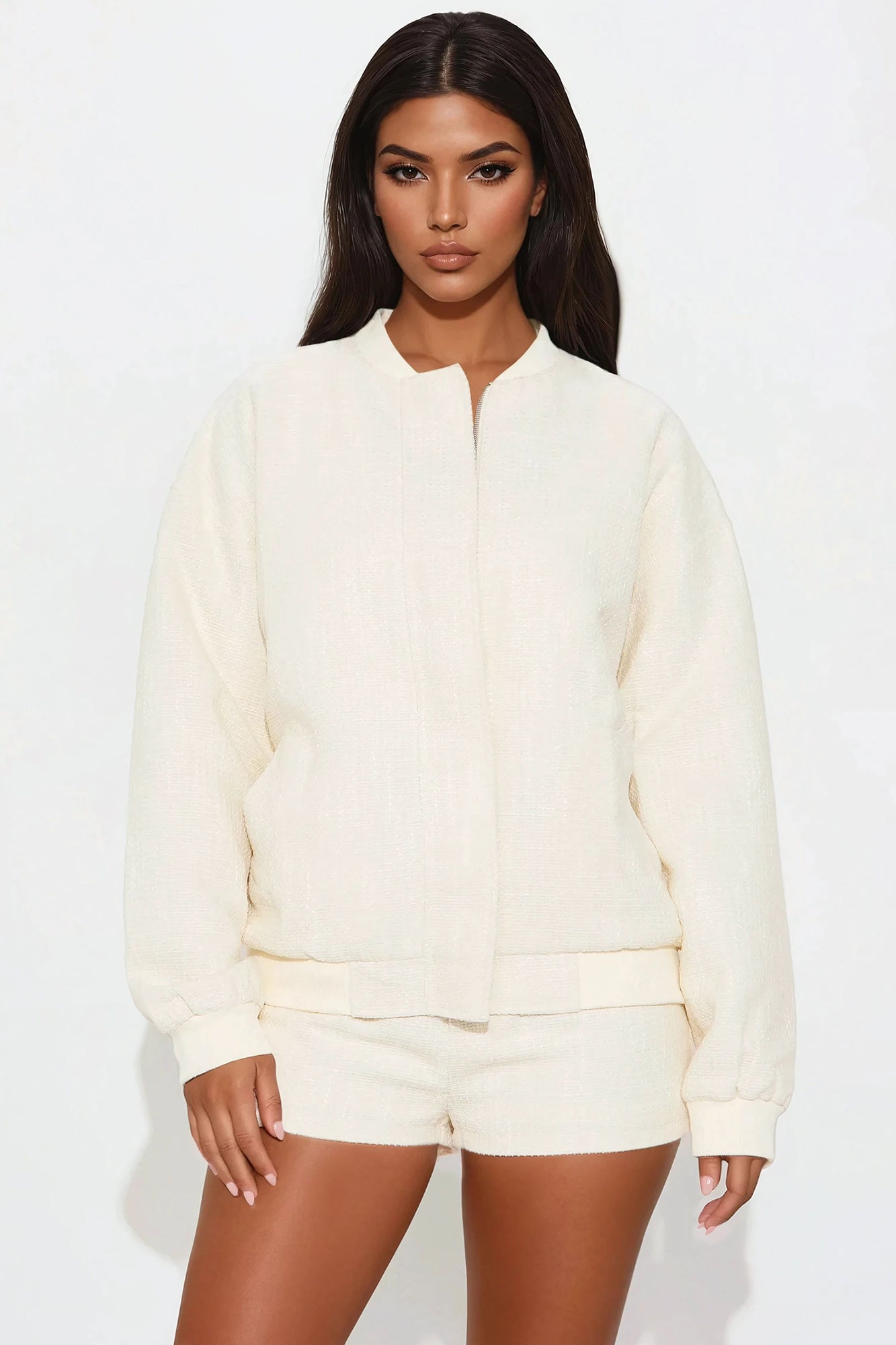 Cheryl Tweed Oversized Bomber Jacket - Cream