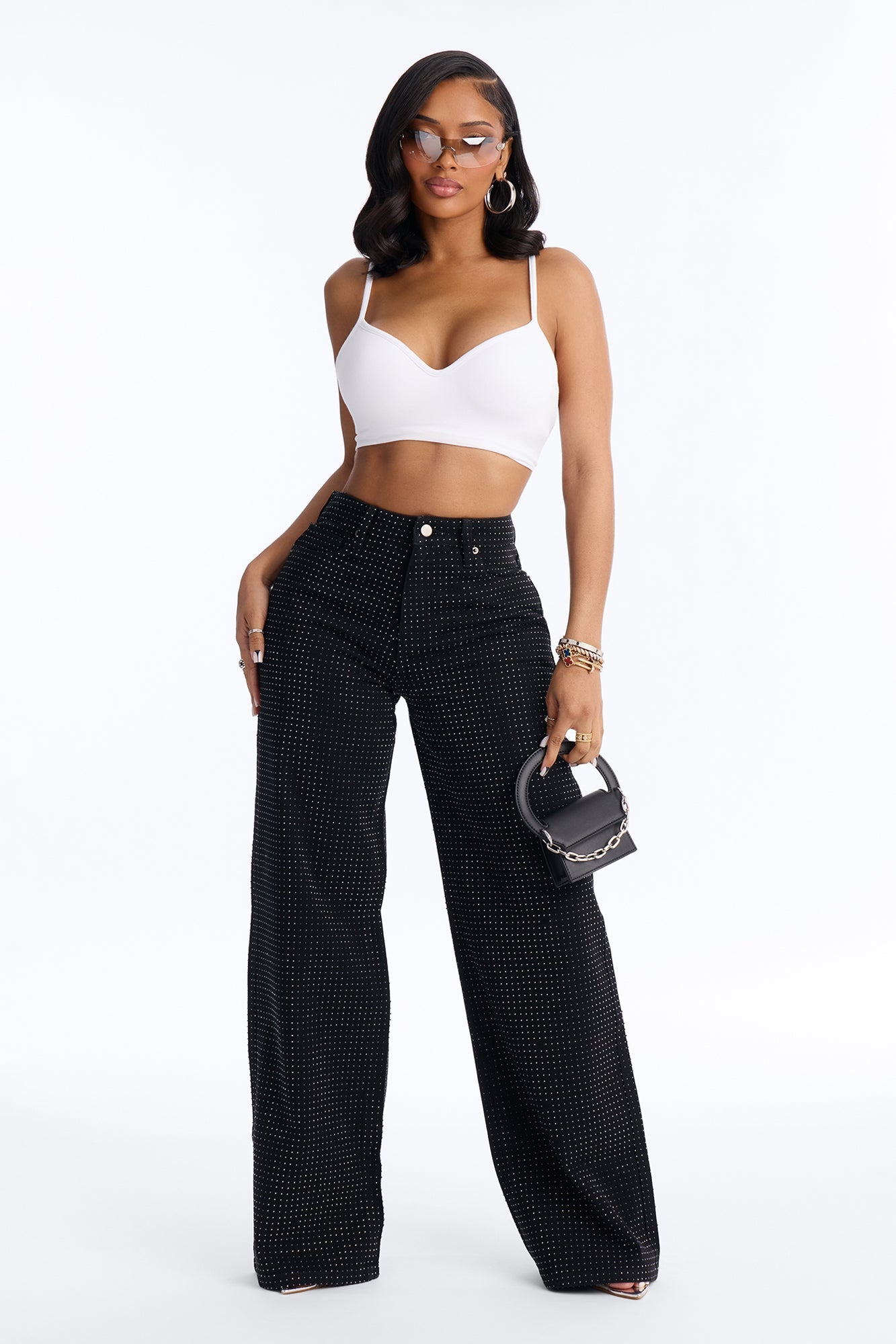 Fashion And Fame Rhinestone Wide Leg Jeans - Black