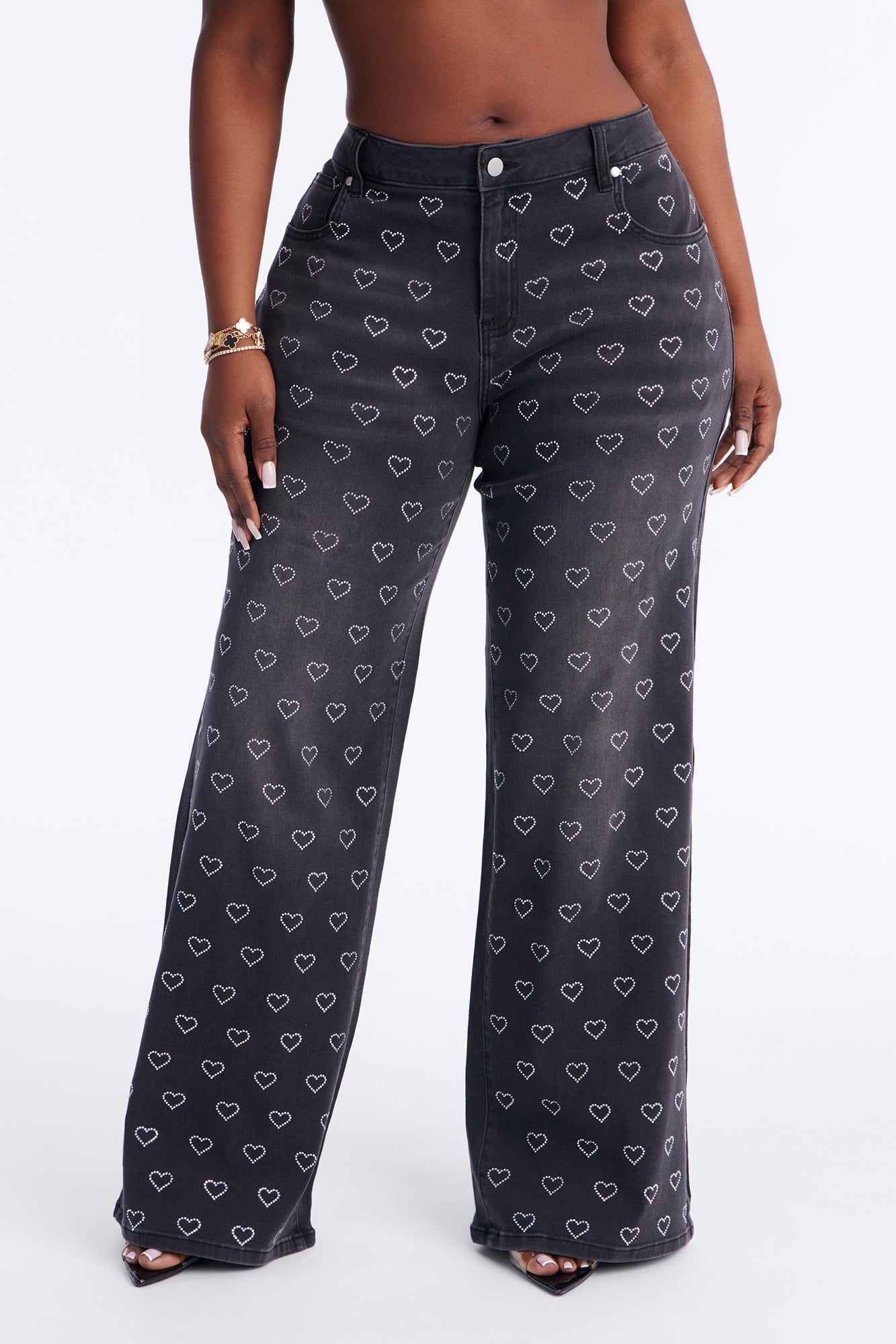 Played My Heart Embellished Wide Leg Jeans - Black Wash