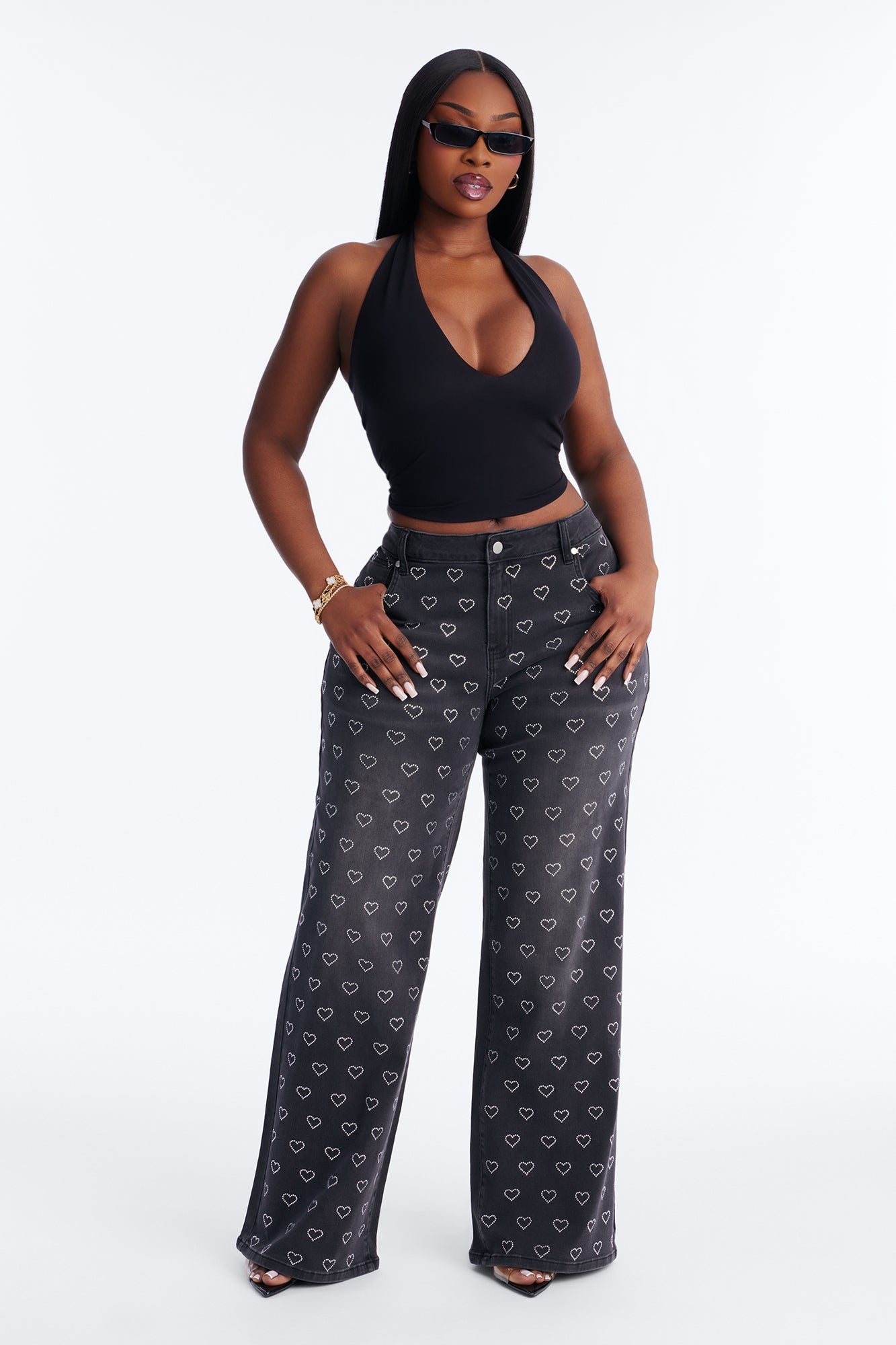 Played My Heart Embellished Wide Leg Jeans - Black Wash