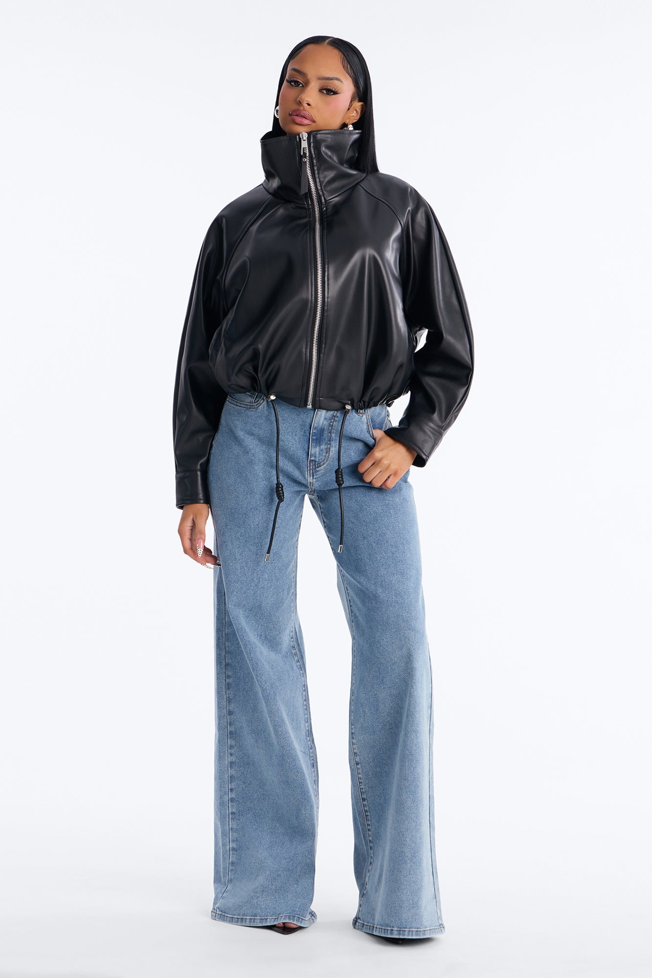 Iris Faux Leather Funnel Neck Bubble Bomber Jacket - Black
