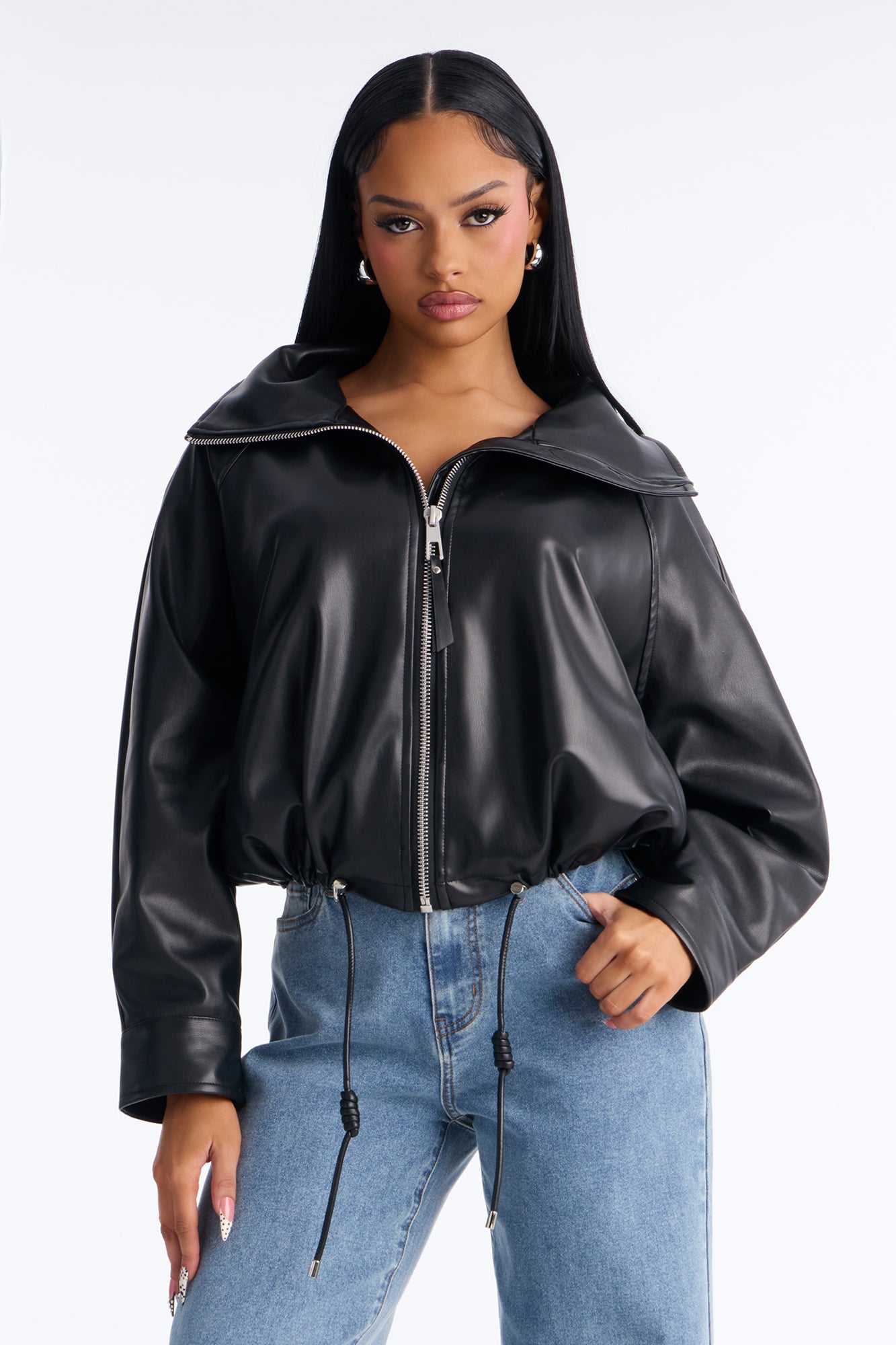 Iris Faux Leather Funnel Neck Bubble Bomber Jacket - Black