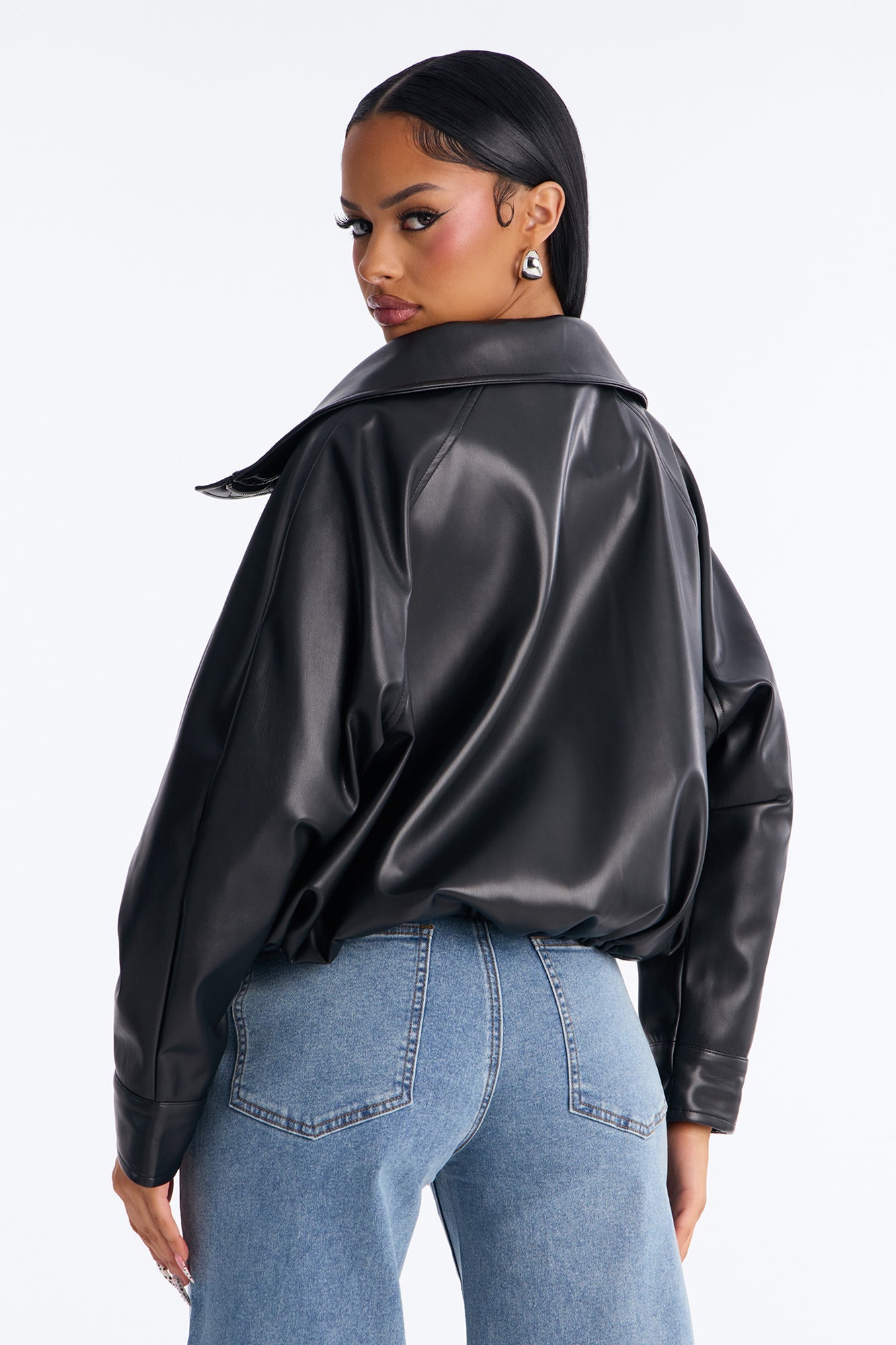 Iris Faux Leather Funnel Neck Bubble Bomber Jacket - Black