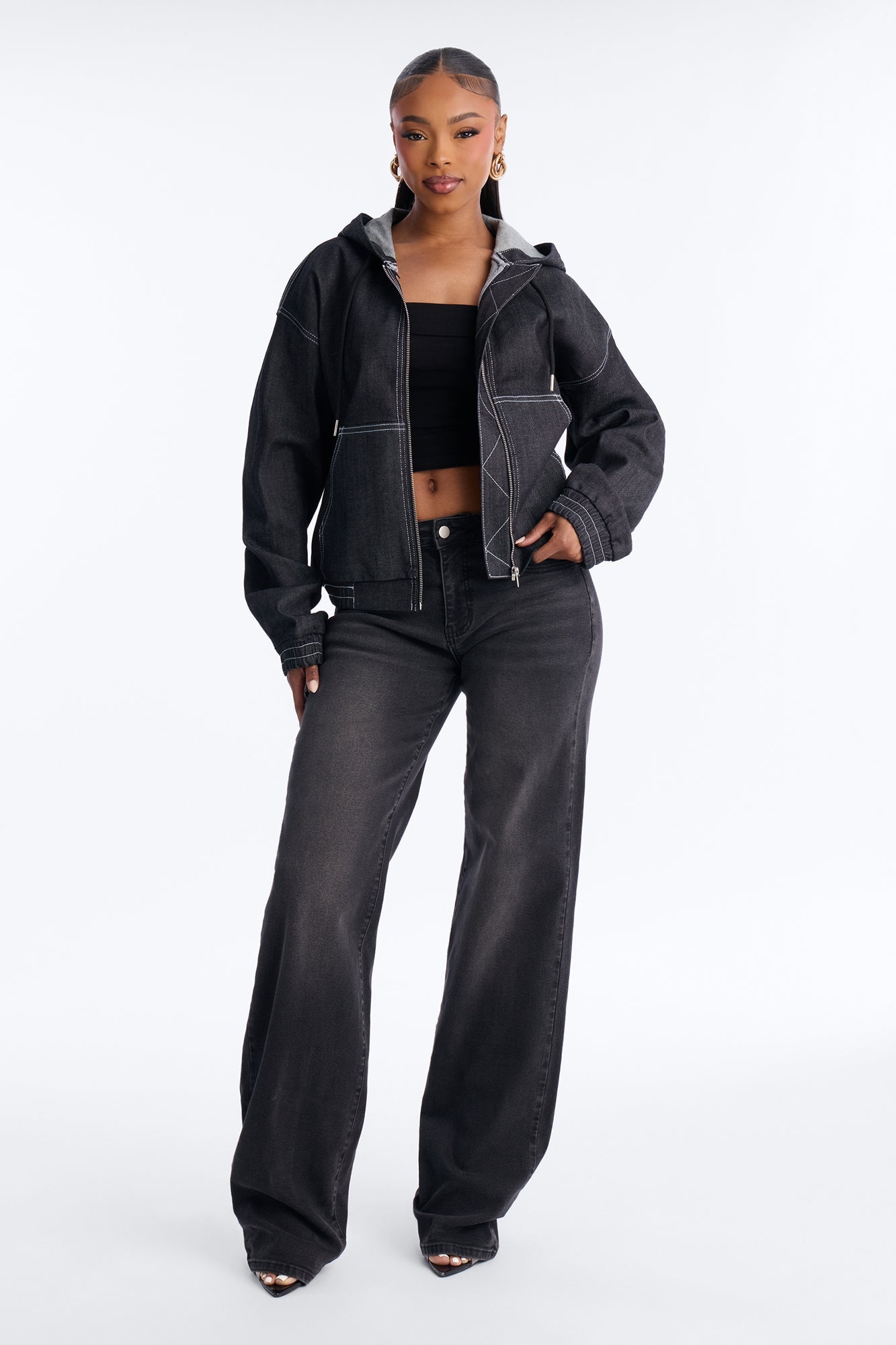CiCI Stretch Denim Hooded Bomber Jacket - Black
