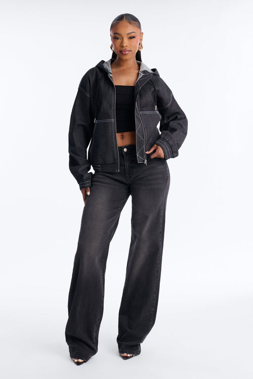 CiCI Stretch Denim Hooded Bomber Jacket - Black