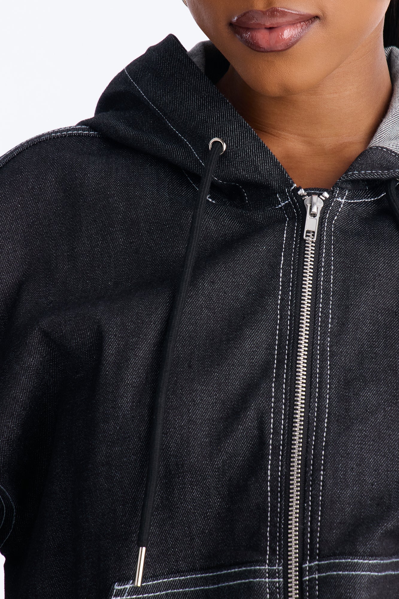 CiCI Stretch Denim Hooded Bomber Jacket - Black