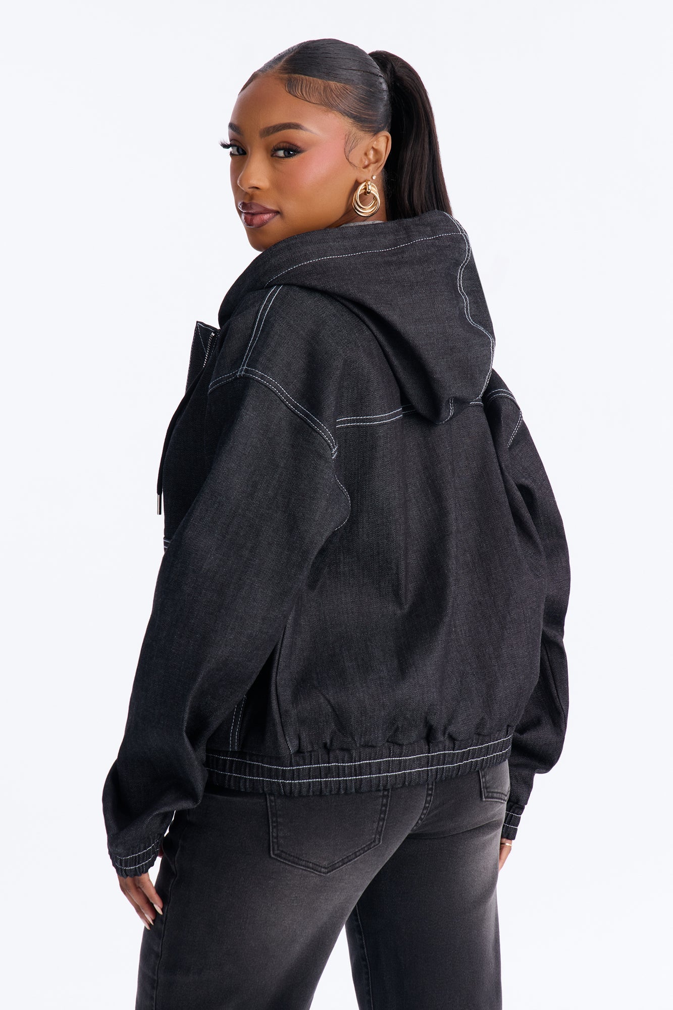 CiCI Stretch Denim Hooded Bomber Jacket - Black