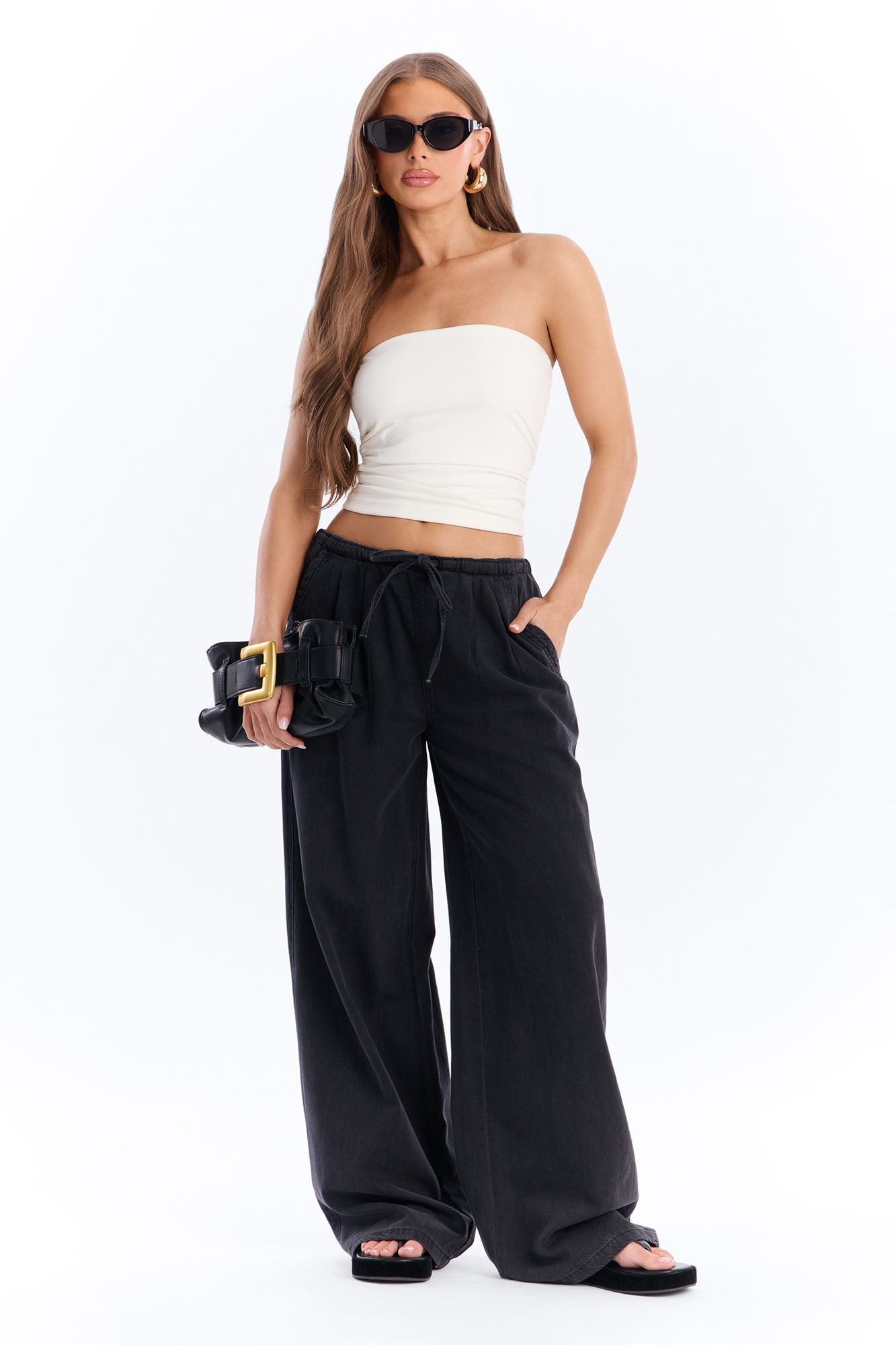 Baeside Tie Waist Wide Leg Jeans - Black