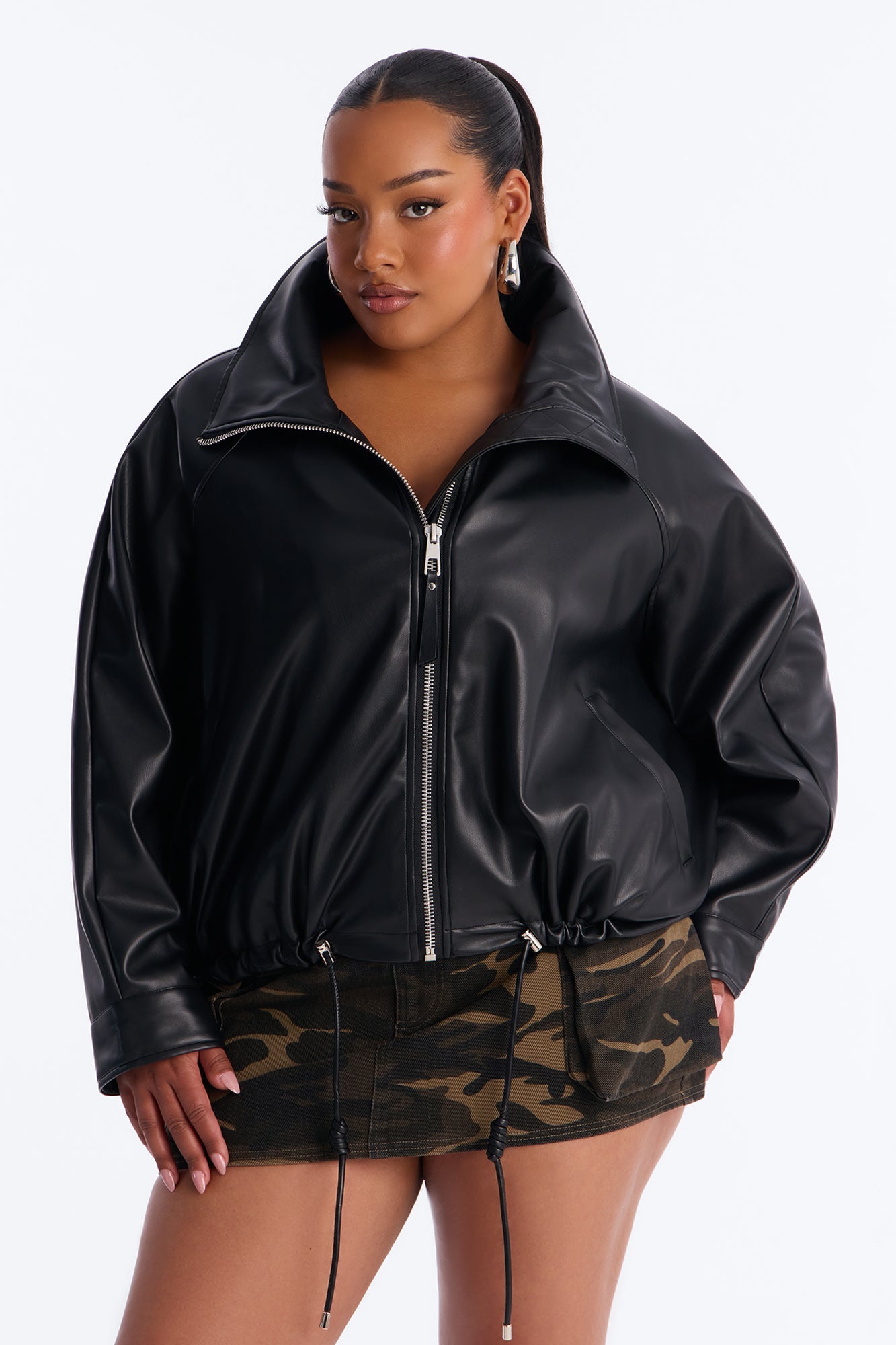 Iris Faux Leather Funnel Neck Bubble Bomber Jacket - Black