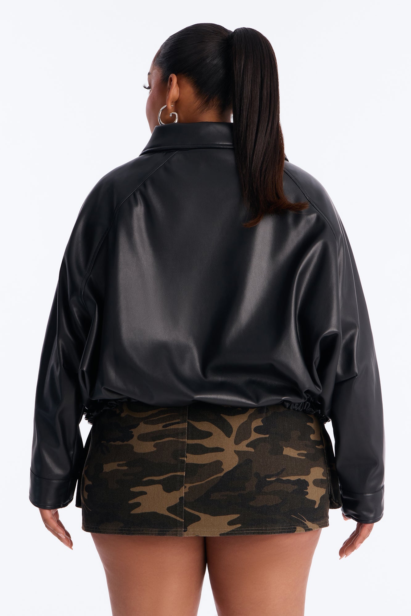 Iris Faux Leather Funnel Neck Bubble Bomber Jacket - Black