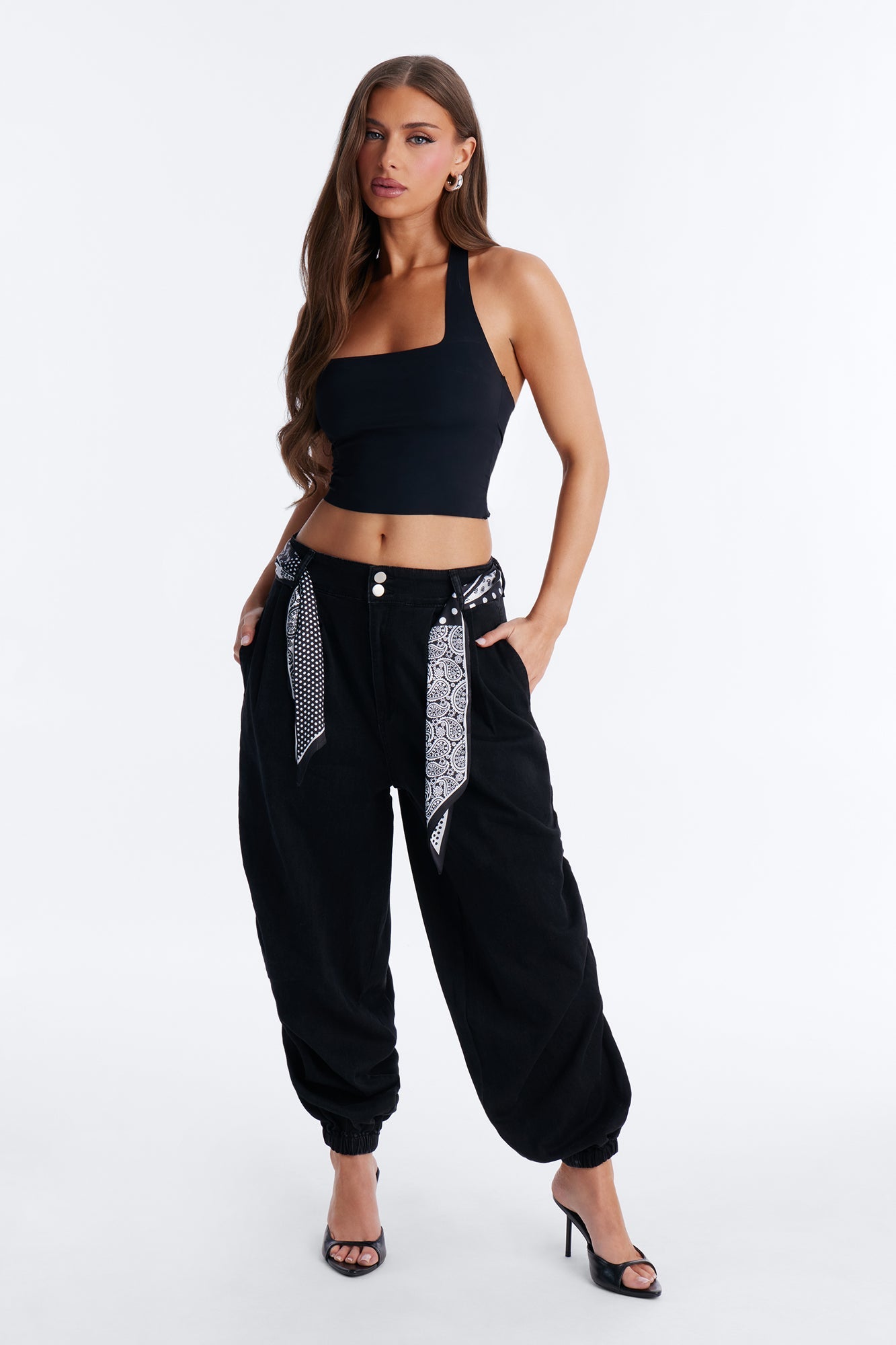 Midnight In Mykonos Scarf Belted Jogger Jeans - Black