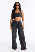 Ignite Old Flame Embroidered Wide Leg Jeans - Black Wash