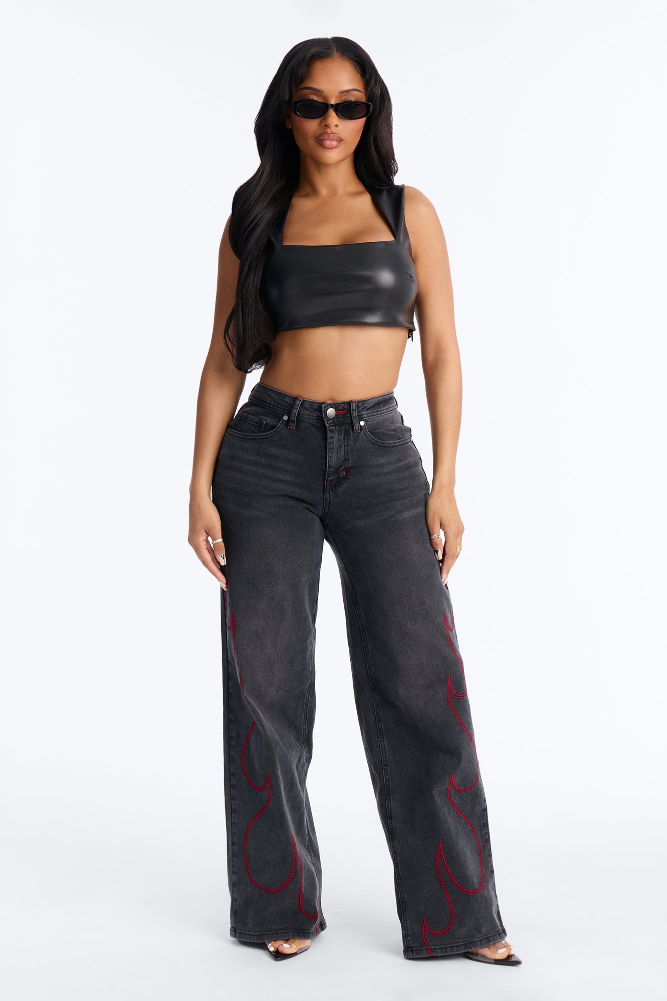 Ignite Old Flame Embroidered Wide Leg Jeans - Black Wash