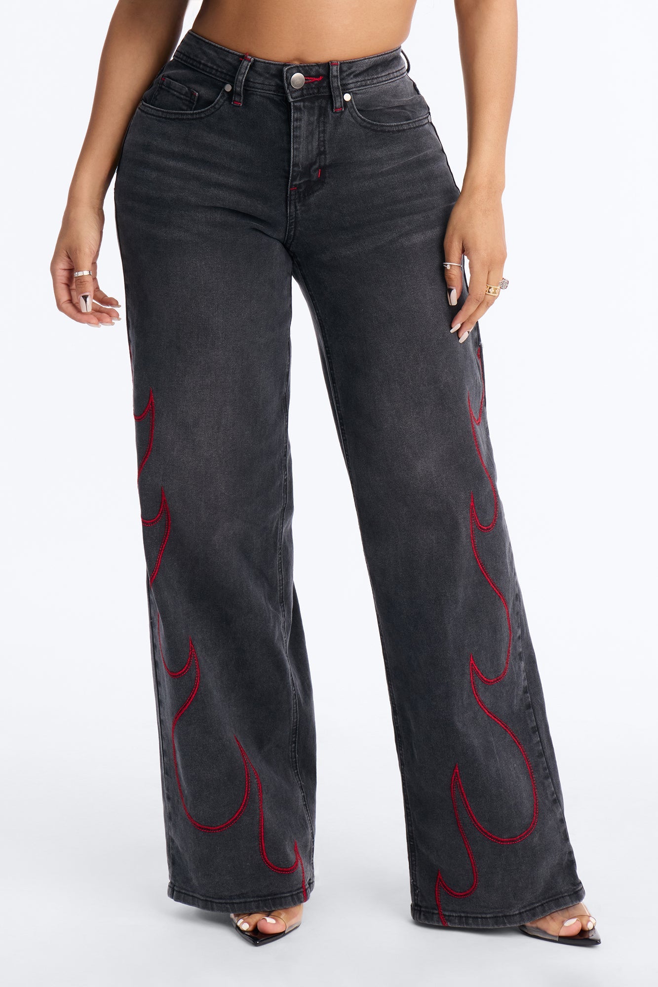 Ignite Old Flame Embroidered Wide Leg Jeans - Black Wash
