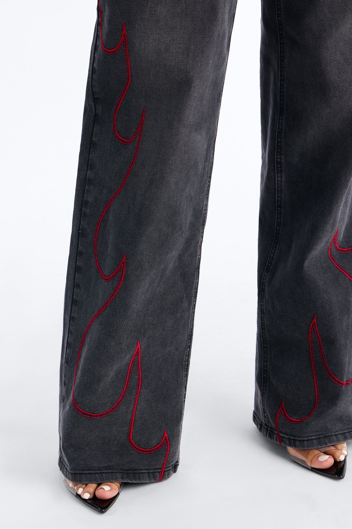 Ignite Old Flame Embroidered Wide Leg Jeans - Black Wash