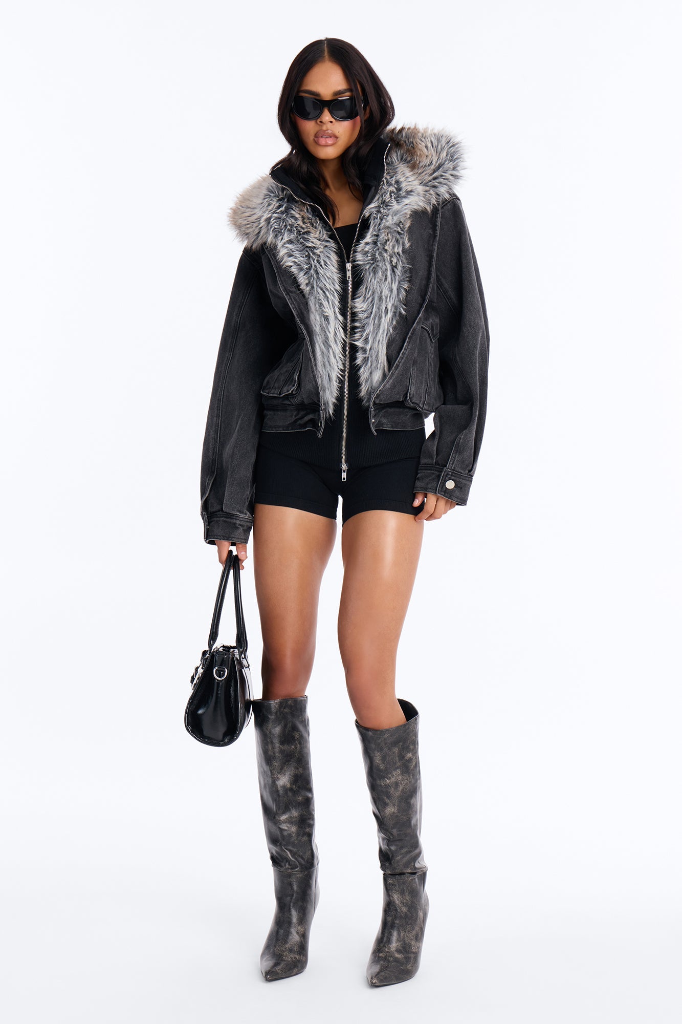Aspen Baby Faux Fur Denim Jacket - Black Wash