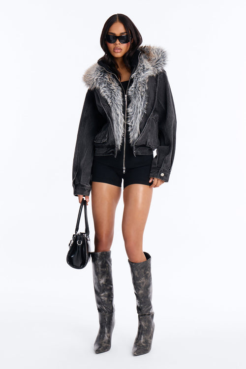 Aspen Baby Faux Fur Denim Jacket - Black Wash