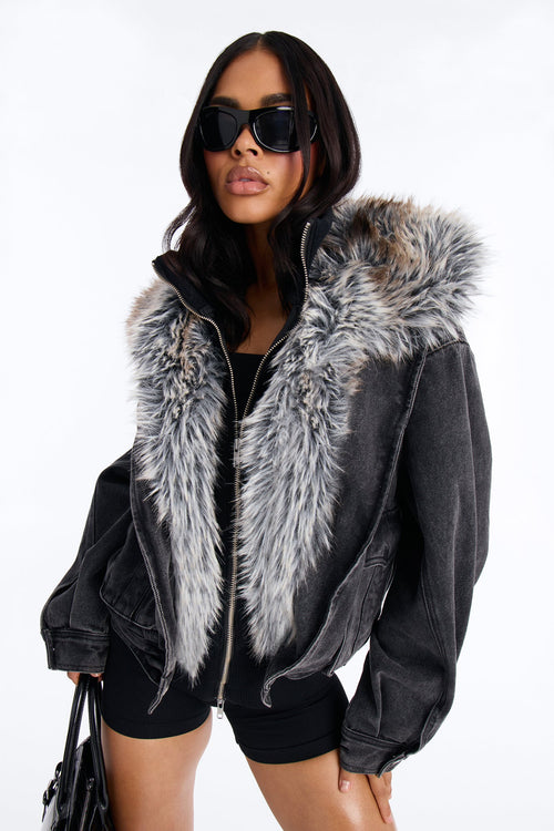 Aspen Baby Faux Fur Denim Jacket - Black Wash