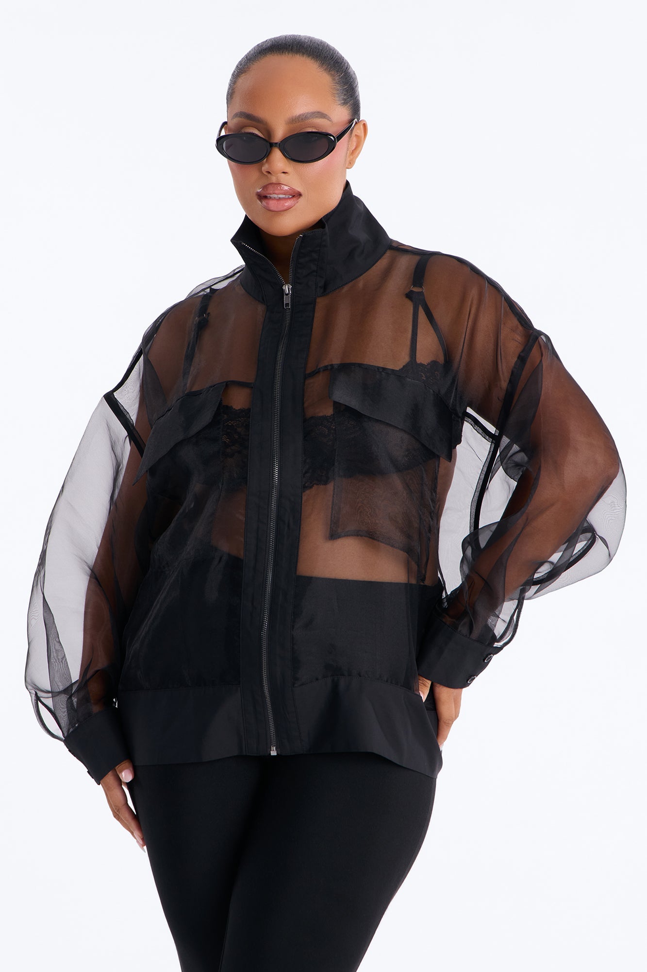 Something To Prove Sheer Organza Bomber Jacket - Black
