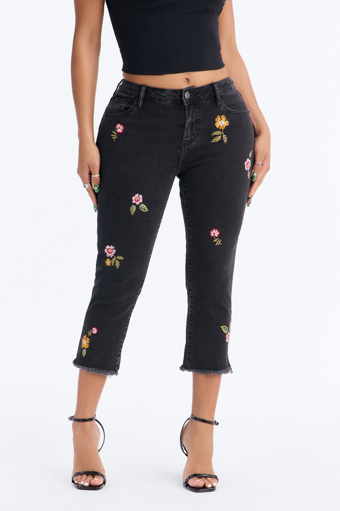 Flower Picker Embroidered Capri Jeans - Black Wash