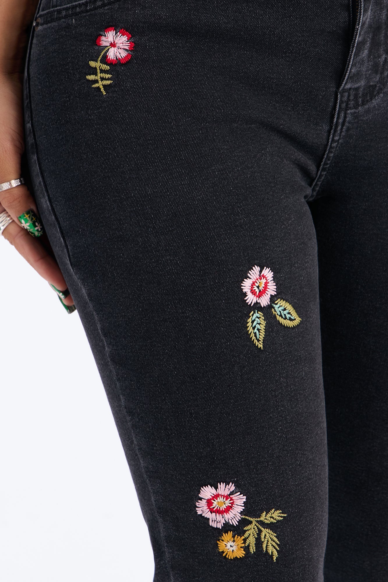 Flower Picker Embroidered Capri Jeans - Black Wash