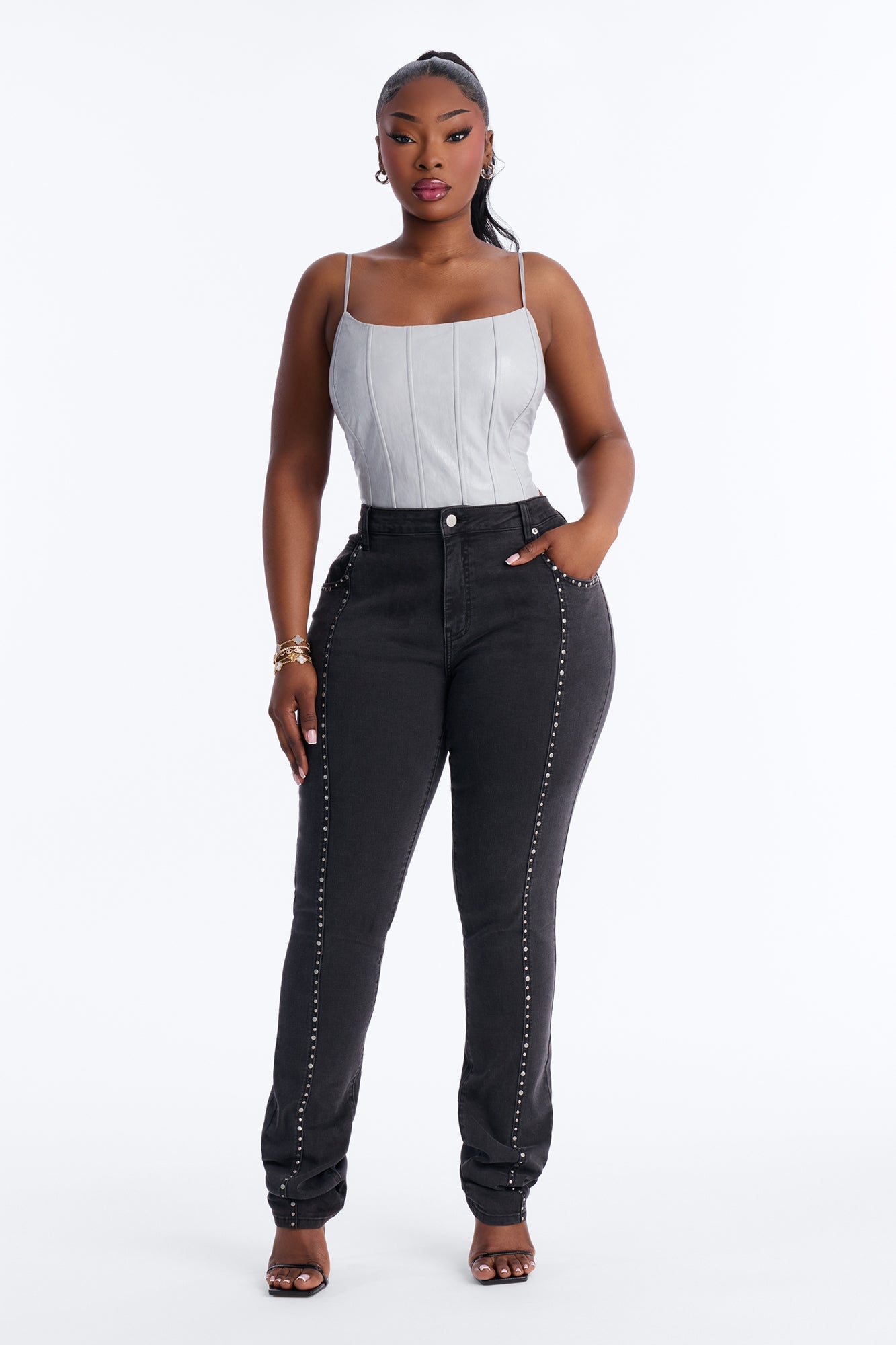 What A Studded Stacked Slim Jeans - Black Wash