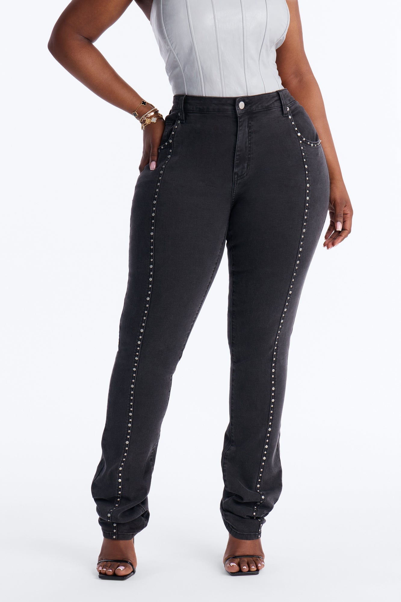 What A Studded Stacked Slim Jeans - Black Wash