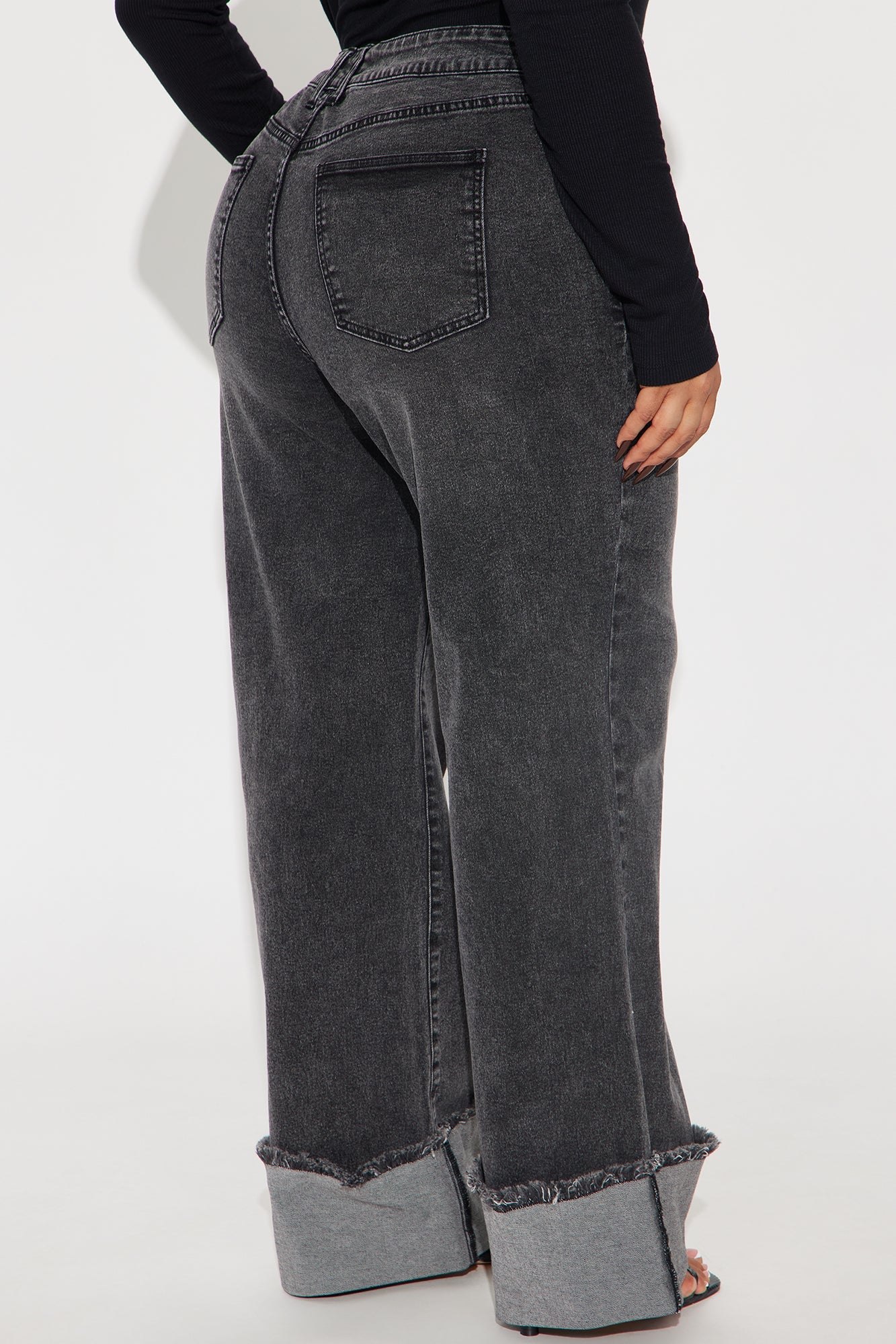 All The While Cuffed Wide Leg Jeans - Black Wash