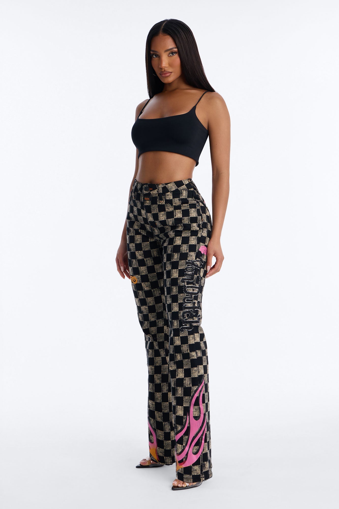 Von Dutch Checkered Bootcut Jeans - Black/combo