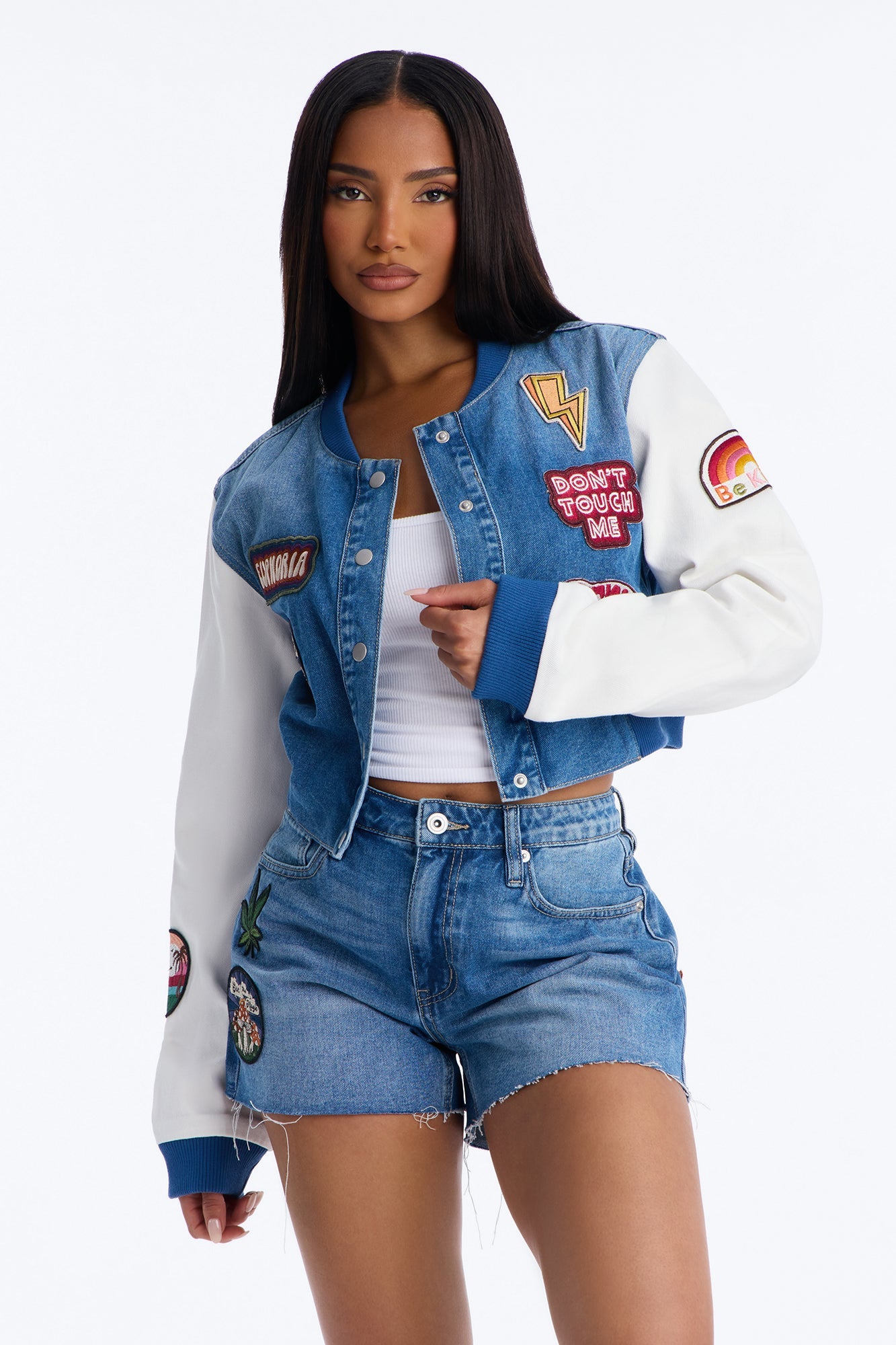 Golden State Cutie Patch Denim Bomber Jacket - Medium Wash