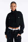 Living On Edge Cropped Denim Bomber Jacket - Black Wash