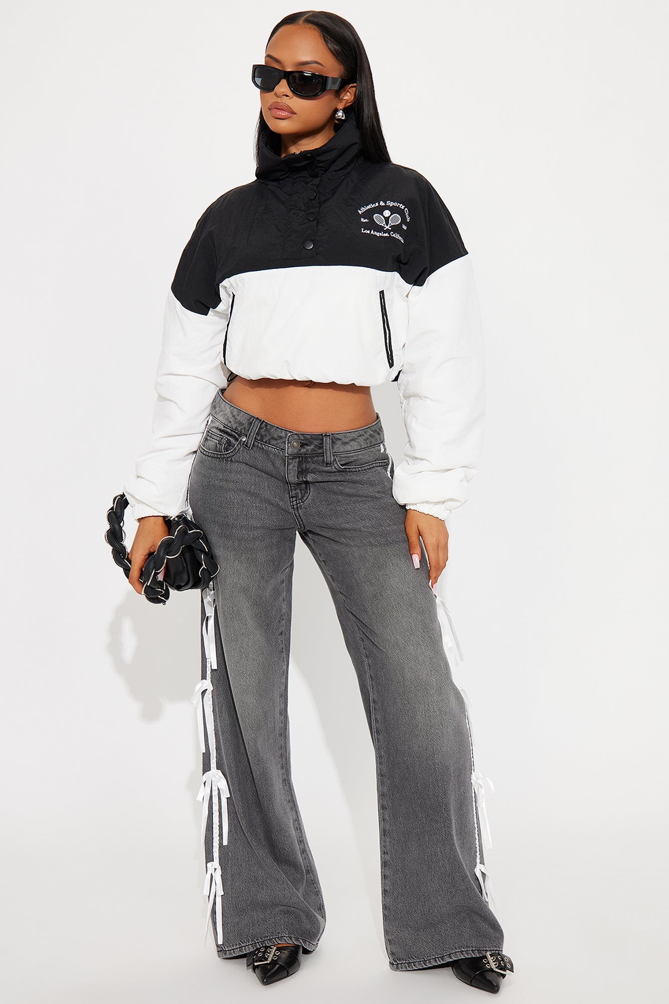 Rasine Non Stretch Bow Wide Leg Jeans - Black Wash