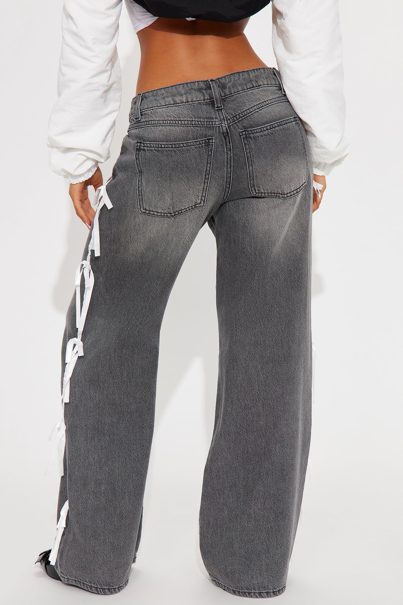 Rasine Non Stretch Bow Wide Leg Jeans - Black Wash
