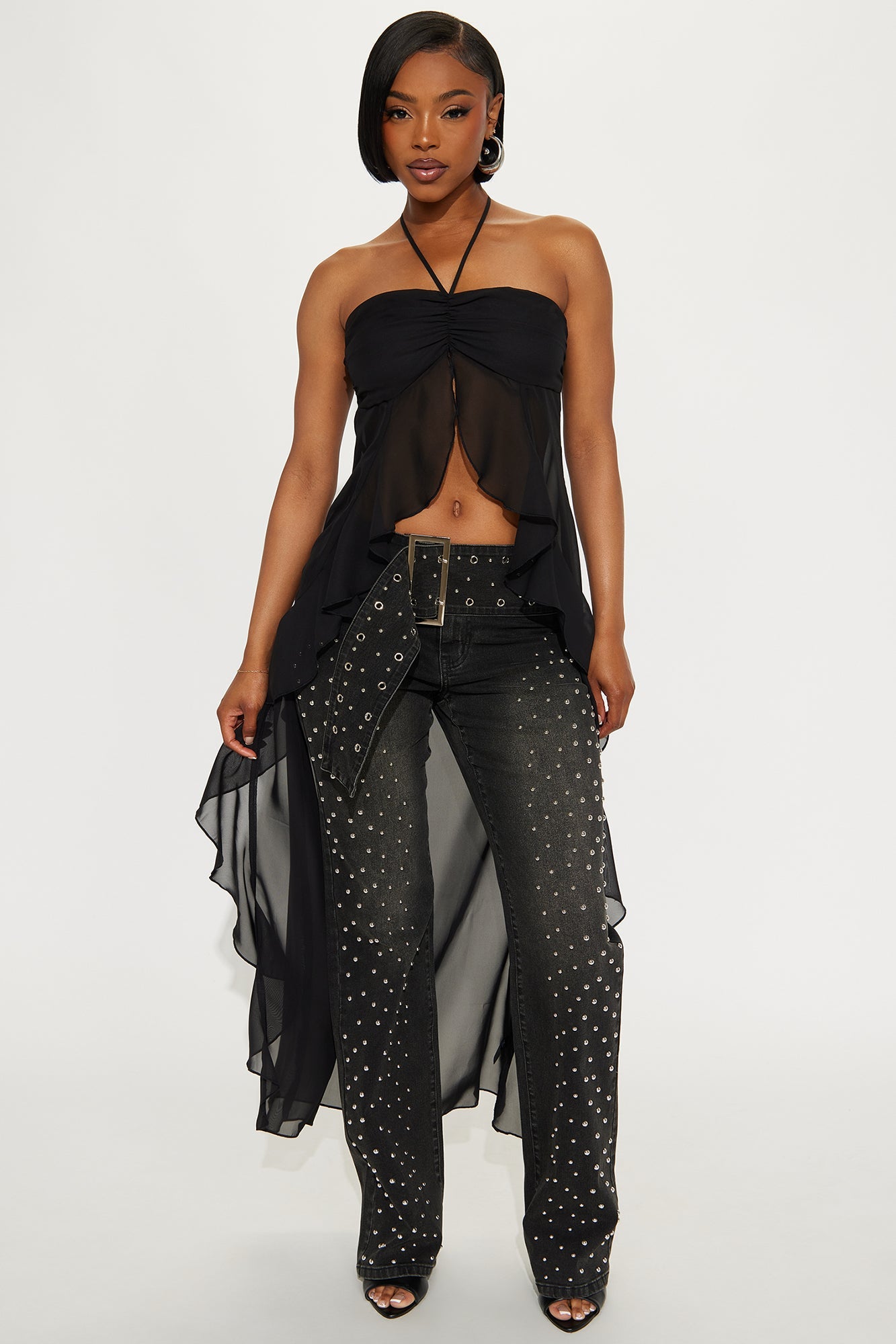 Let's Get It Studded Mid Rise Flare Jeans - Black Wash