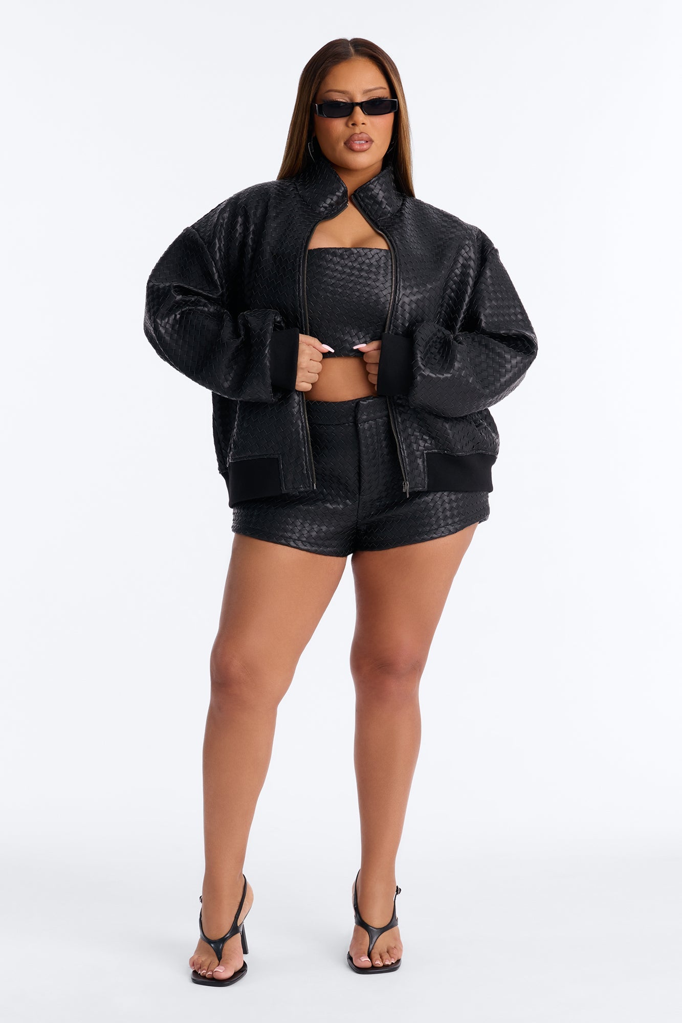 Vivian Woven Faux Leather Bomber Jacket - Black