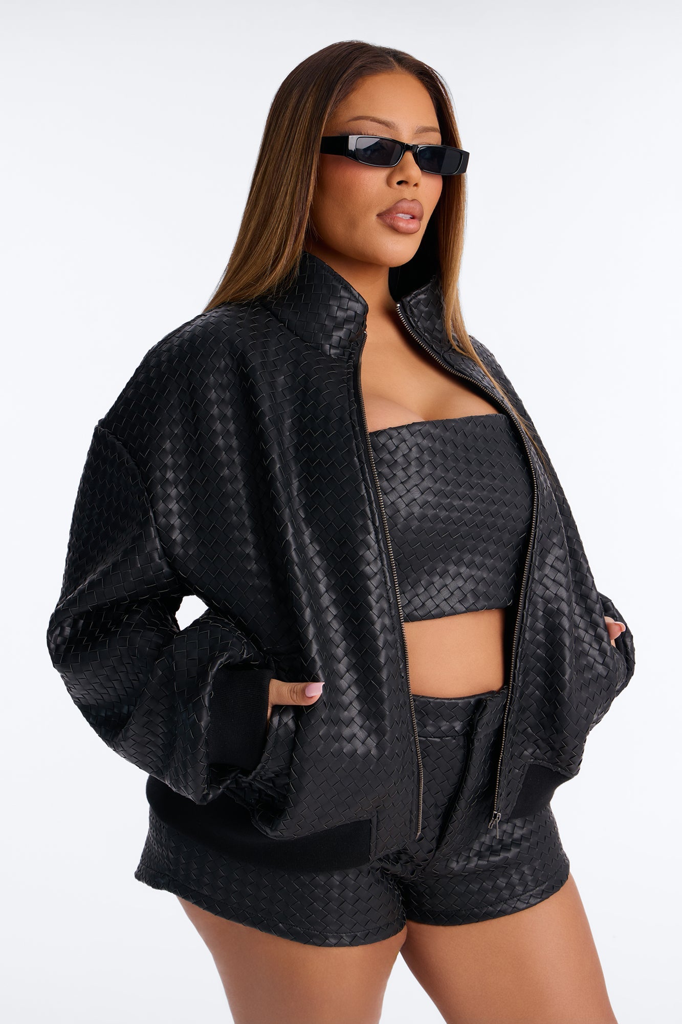 Vivian Woven Faux Leather Bomber Jacket - Black