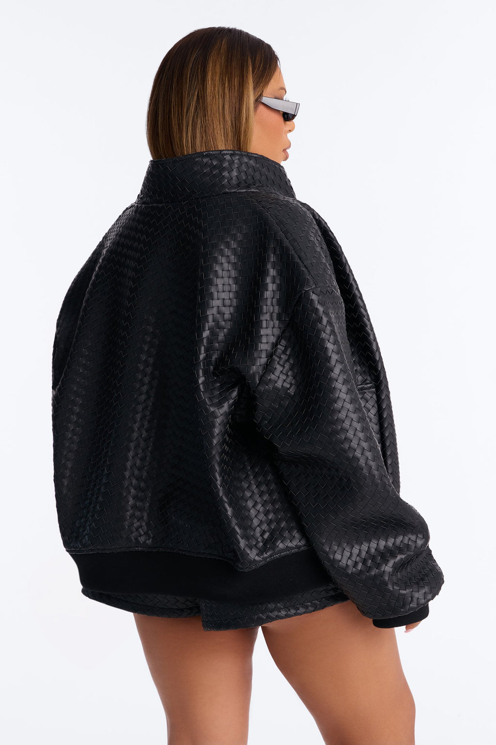 Vivian Woven Faux Leather Bomber Jacket - Black