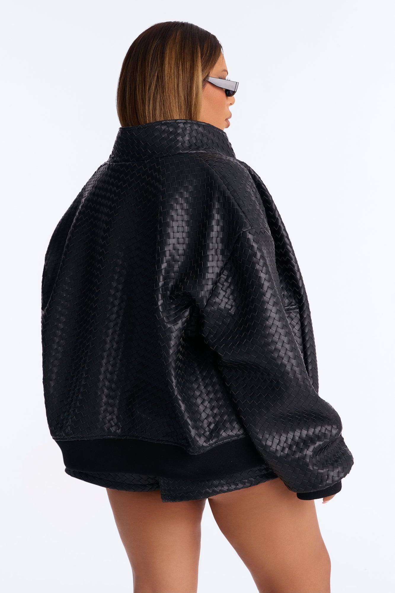 Vivian Woven Faux Leather Bomber Jacket - Black