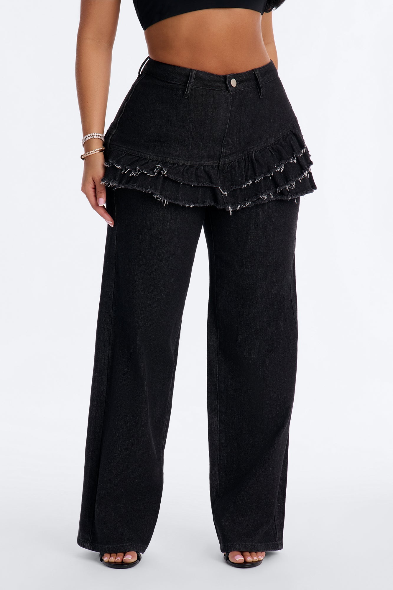 Throw It Back Skirt Overlay Jeans - Black Wash