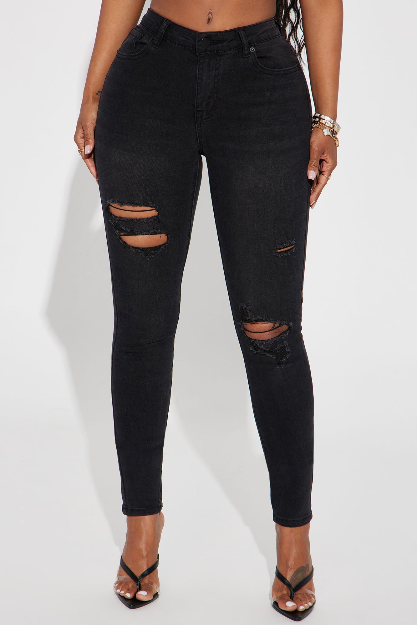 Calabasas Ripped Mid Rise Stretch Skinny Jeans - Black Wash