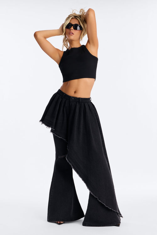 Attachment Issues Skirt Layer Ripped Stretch Flare Jeans - Black Wash