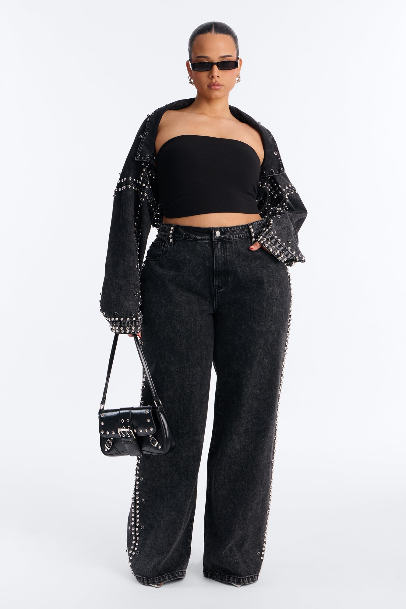 Hollywood Studded Loose Fit Jeans - Black Wash