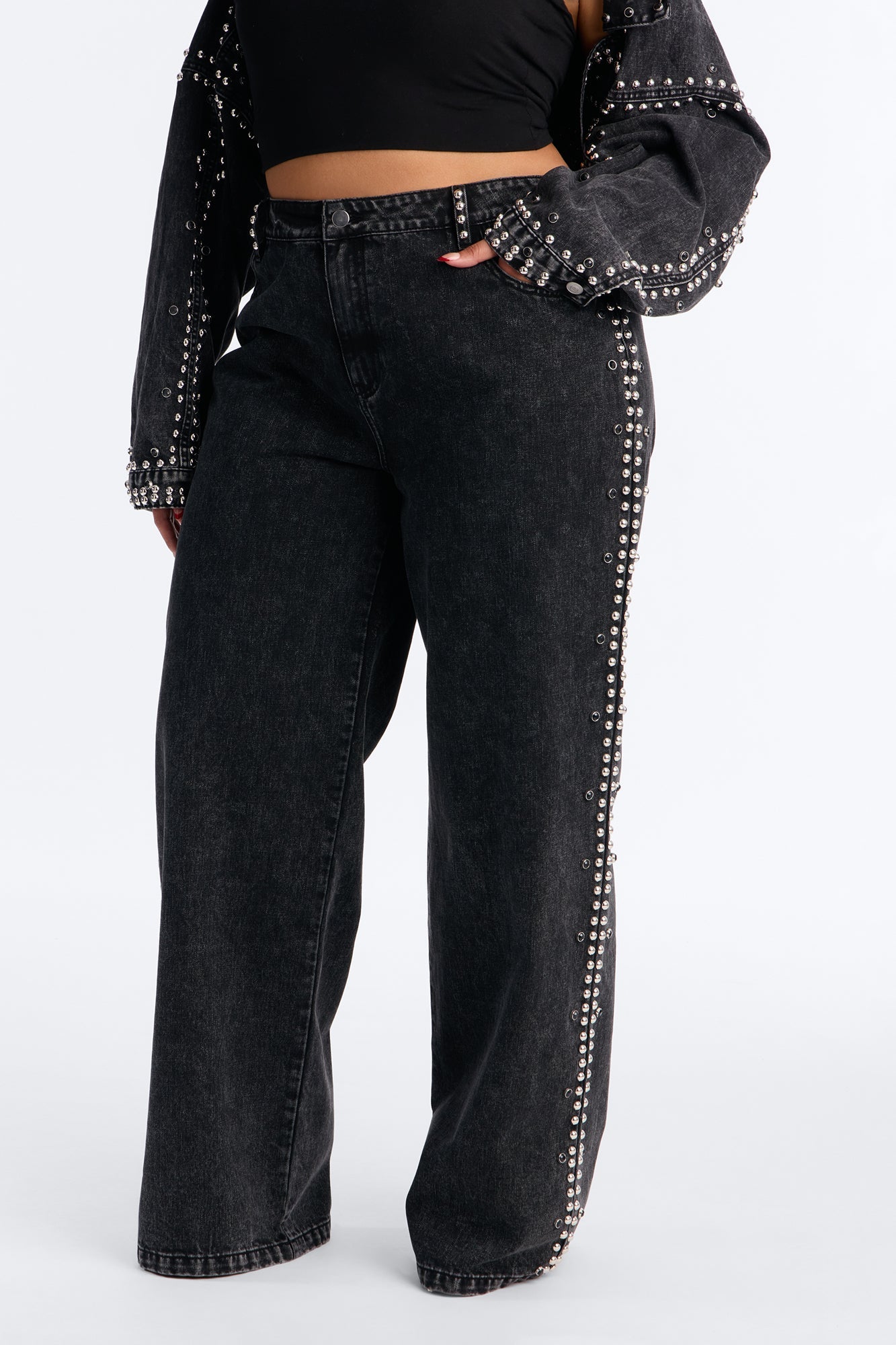 Hollywood Studded Loose Fit Jeans - Black Wash