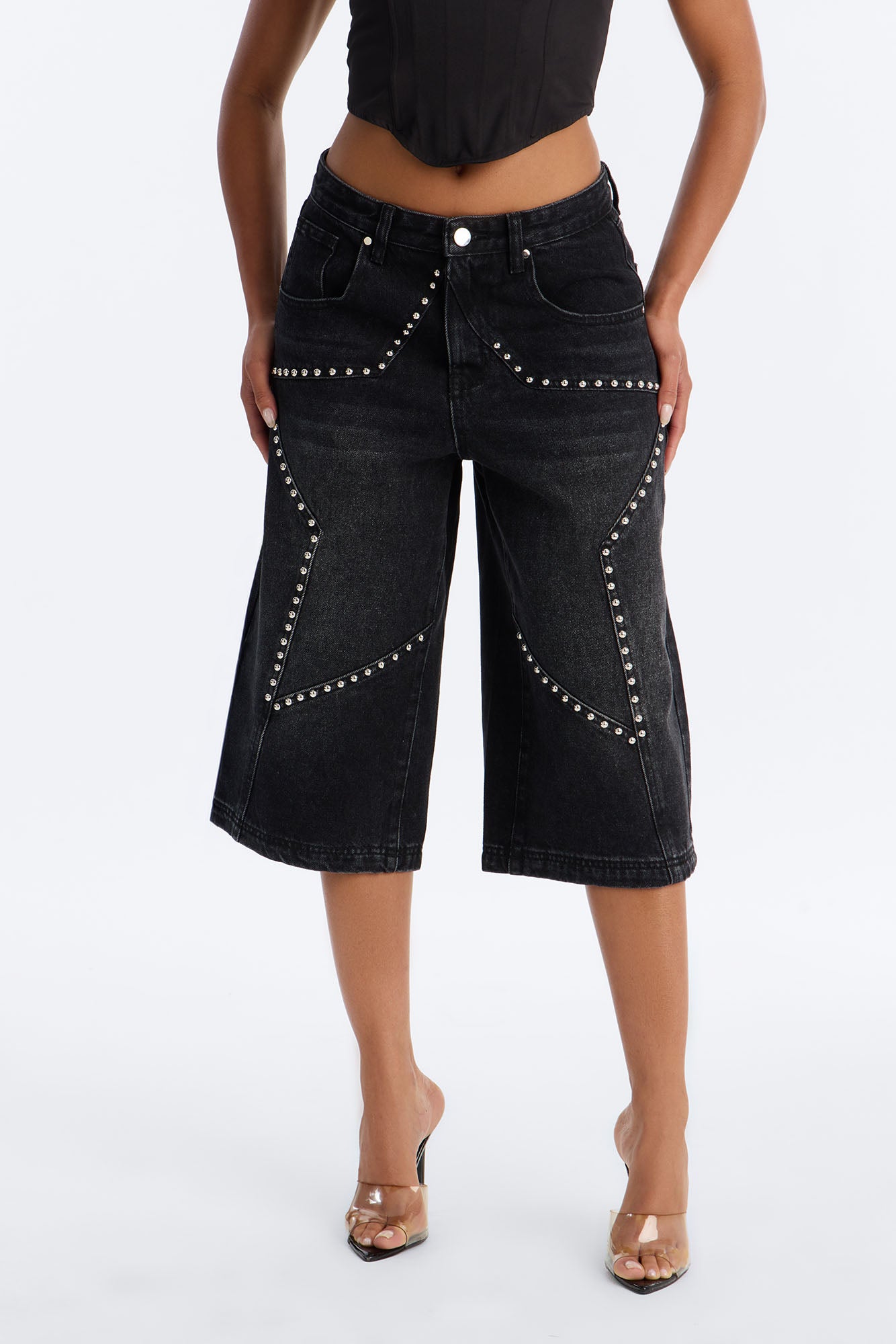 Starry Nights Studded Drop Waist Denim Culotte Jeans - Black Wash