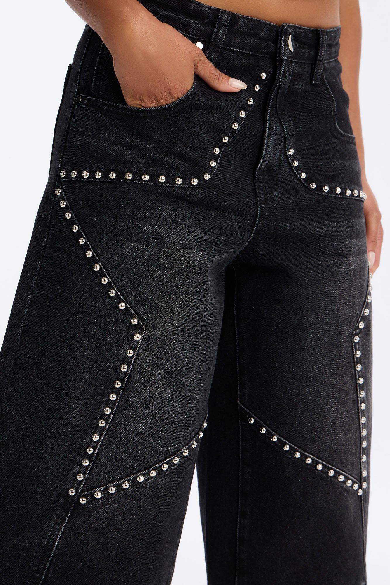 Starry Nights Studded Drop Waist Denim Culotte Jeans - Black Wash