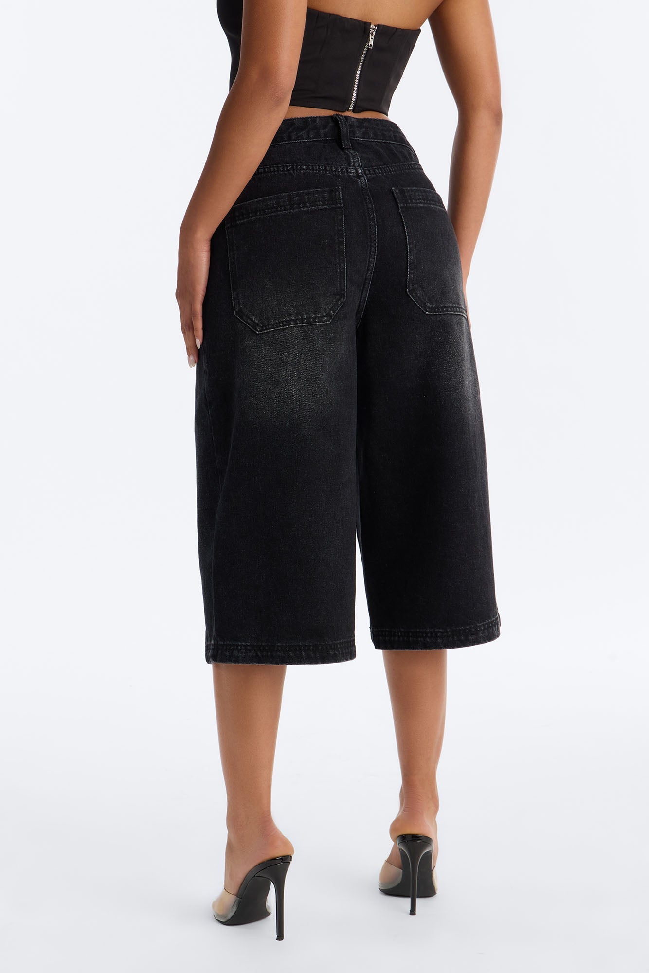 Starry Nights Studded Drop Waist Denim Culotte Jeans - Black Wash