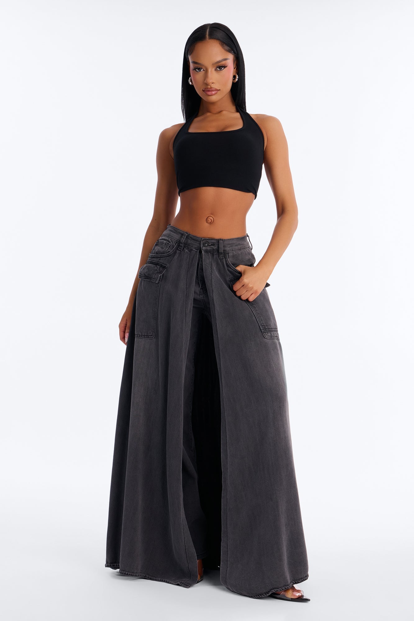 Lost It Cargo Overlay Straight Leg Jeans - Black Wash