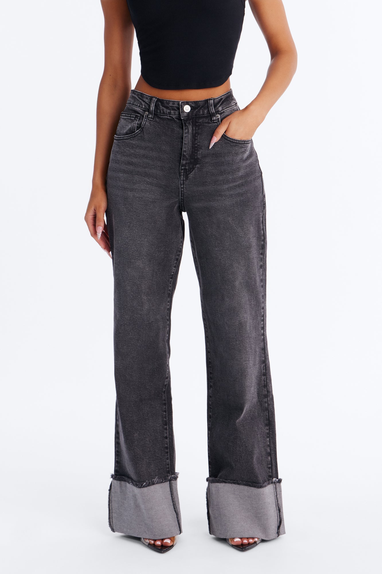 All The While Cuffed Wide Leg Jeans - Black Wash